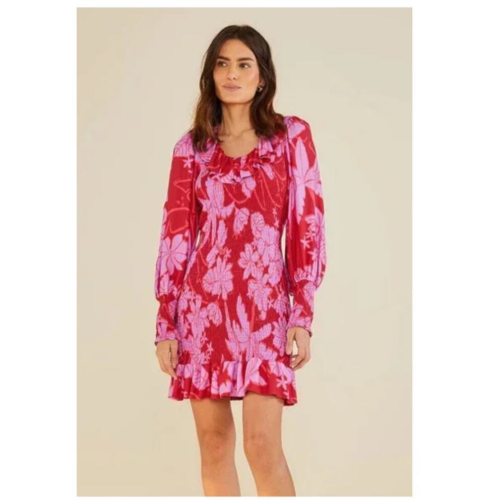 Farm Rio Living Nature Burgundy Long Sleeve Mini Dress Size XS
